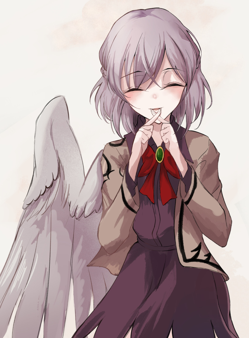 1girl absurdres bird_wings bow bowtie braid brooch brown_jacket closed_eyes collared_shirt feathered_wings french_braid grey_hair highres jacket jewelry kishin_sagume long_sleeves lucky_chicken medium_hair purple_shirt purple_skirt red_bow red_bowtie shirt single_wing skirt smile solo touhou white_wings wings