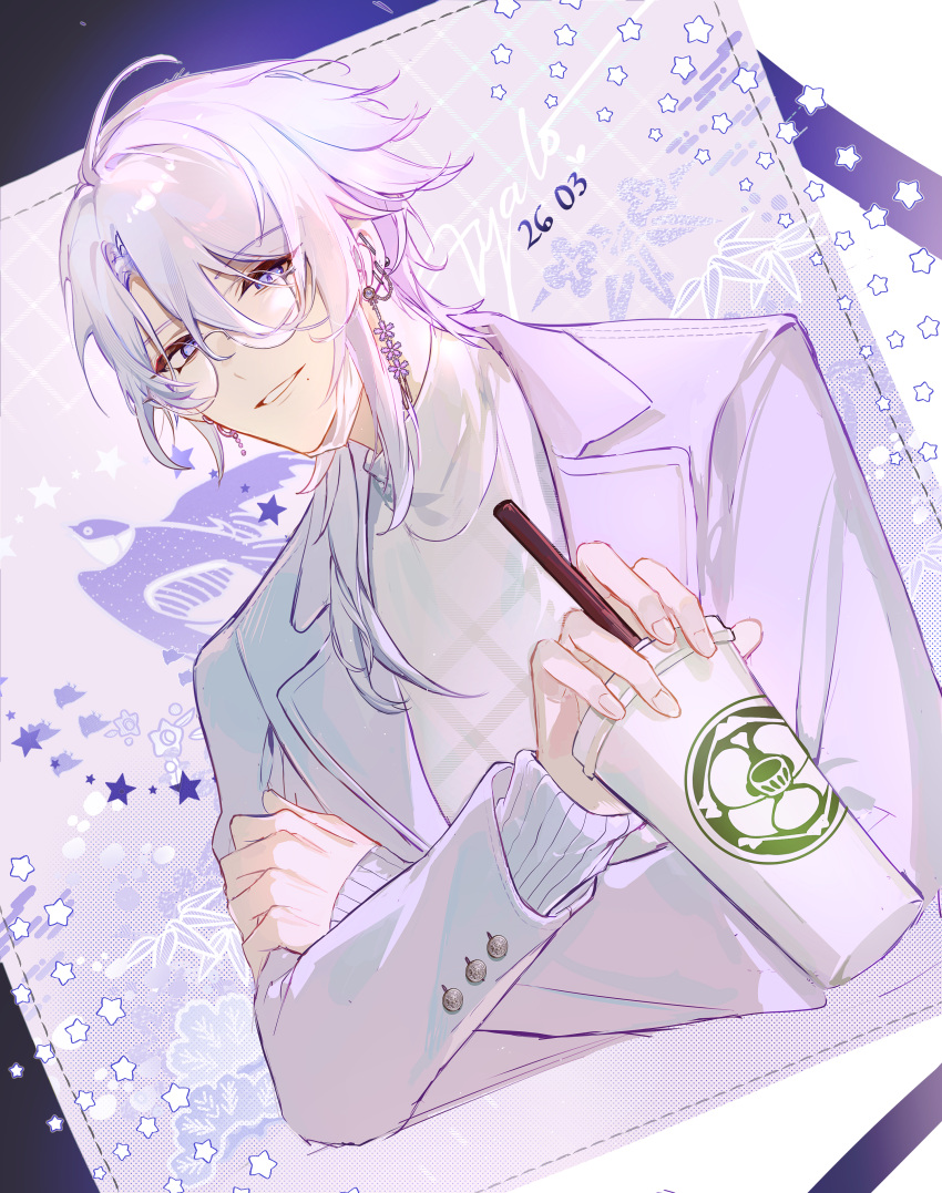 1boy absurdres alternate_costume bangs blue_hair buttons character_name commentary cup dated disposable_cup drinking_straw ear_piercing earrings eyelashes genshin_impact glasses hair_between_eyes hair_over_shoulder highres holding holding_cup jacket jewelry kamisato_ayato lapels long_hair long_sleeves looking_at_viewer male_focus mole mole_under_mouth mors_gn open_clothes open_jacket parted_bangs parted_lips piercing purple_jacket round_eyewear sidelocks smile solo star_(symbol) sweater swept_bangs teeth turtleneck turtleneck_sweater upper_body violet_eyes white_sweater