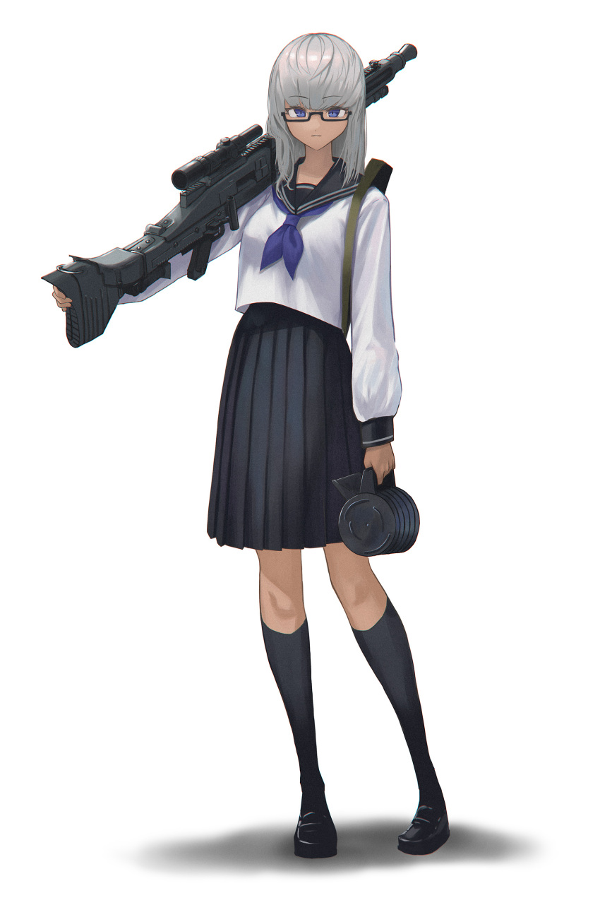 1girl absurdres bangs black_footwear black_skirt black_socks blue_eyes closed_mouth glasses grey_hair gun highres holding holding_gun holding_weapon long_sleeves looking_at_viewer machine_gun medium_hair mg3 original sailor_collar school_uniform serafuku shadow shirt simple_background skirt socks solo standing tan weapon white_background white_shirt yakupan