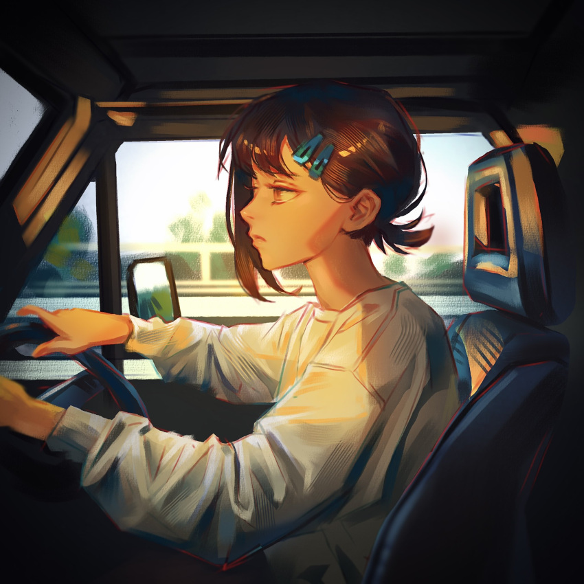 1girl car car_interior chainsaw_man commentary driving ground_vehicle hair_ornament hairclip higashiyama_kobeni highres kobeni's_car_(chainsaw_man) kozzz_y looking_to_the_side motor_vehicle railing road short_hair short_ponytail single_sidelock solo steering_wheel sunlight sweater symbol-only_commentary white_sweater window
