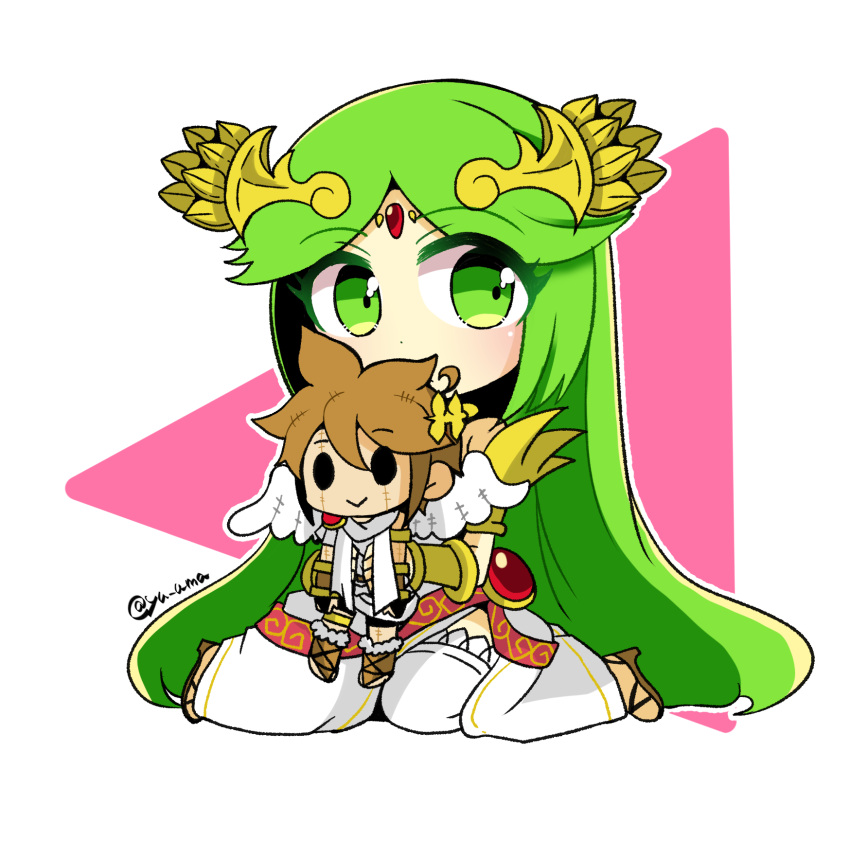 1girl bare_shoulders character_doll chibi doll dot_nose dress forehead_jewel green_eyes green_hair hair_ornament highres holding holding_doll jewelry kid_icarus kid_icarus_uprising long_hair looking_at_viewer palutena pit_(kid_icarus) seiza simple_background sitting twitter_username very_long_hair white_dress yu_makoto_(yu_uma)