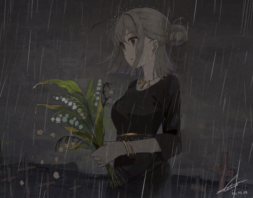 1girl bangs bouquet bracelet clouds cloudy_sky cross dated dress flower grave graveyard grey_eyes grey_hair hair_bun highres holding holding_bouquet holding_flower jewelry lily_of_the_valley necklace original parted_lips rain shi-ro short_hair signature sky solo tombstone
