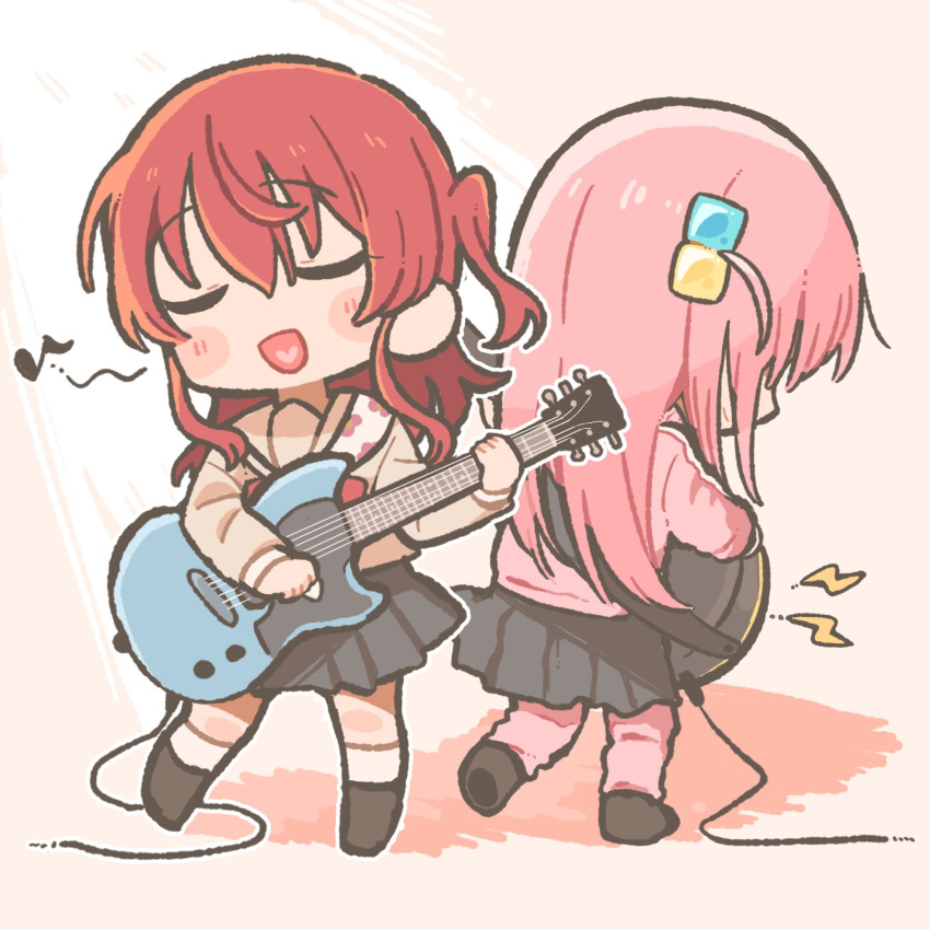 2girls bangs black_skirt bocchi_the_rock! bow brown_footwear chibi commentary cube_hair_ornament electric_guitar garubegaru gibson_les_paul gotou_hitori grey_skirt guitar hair_between_eyes hair_ornament highres holding holding_instrument instrument jacket kita_ikuyo long_hair multiple_girls music musical_note one_side_up open_mouth pants pink_hair pink_jacket pink_pants playing_instrument pleated_skirt red_bow redhead sailor_collar school_uniform simple_background singing skirt symbol-only_commentary track_jacket track_pants white_background white_sailor_collar