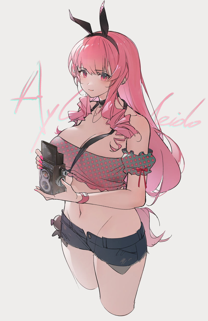 ayla_(punishing:_gray_raven) bow camera collar curly_hair earrings hair_bow highres holding holding_camera jewelry long_hair looking_at_viewer nail_polish navel pink_eyes pink_hair punishing:_gray_raven rabbit_bow short_shorts shorts smile torn_clothes xtears_kitsune