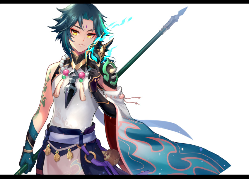 1boy ahoge bead_necklace beads cape facial_mark forehead_mark genshin_impact gloves green_gloves green_hair holding holding_polearm holding_weapon jewelry kh66gs male_focus multicolored_hair necklace polearm solo tattoo weapon xiao_(genshin_impact) yellow_eyes