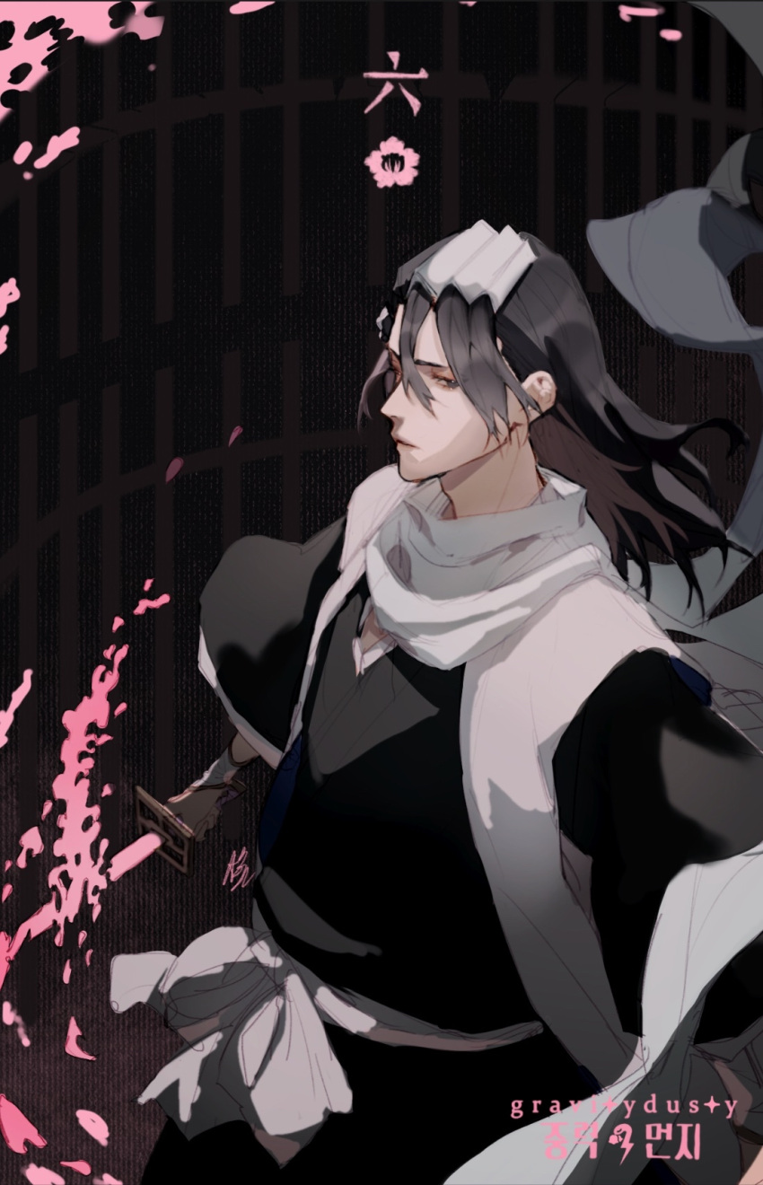 1boy bangs bankai belt black_hair black_kimono bleach cowboy_shot gravitydusty hair_between_eyes hair_ornament haori highres japanese_clothes kimono kuchiki_byakuya long_hair male_focus petals scarf solo standing sword taichou_haori weapon white_scarf wide_sleeves