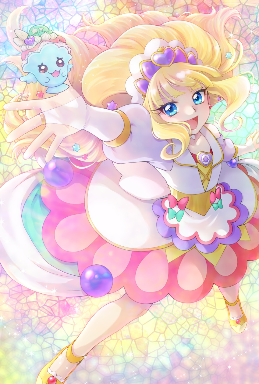1girl 1other aizen_(syoshiyuki) blonde_hair blue_background blue_eyes blush bridal_gauntlets brooch choker cure_finale delicious_party_precure dress earrings frills gradient gradient_background green_background hair_ornament highres jewelry kasai_amane long_hair long_sleeves magical_girl multicolored_background open_mouth parfait_recipipi pink_background precure smile tiara yellow_background yellow_footwear