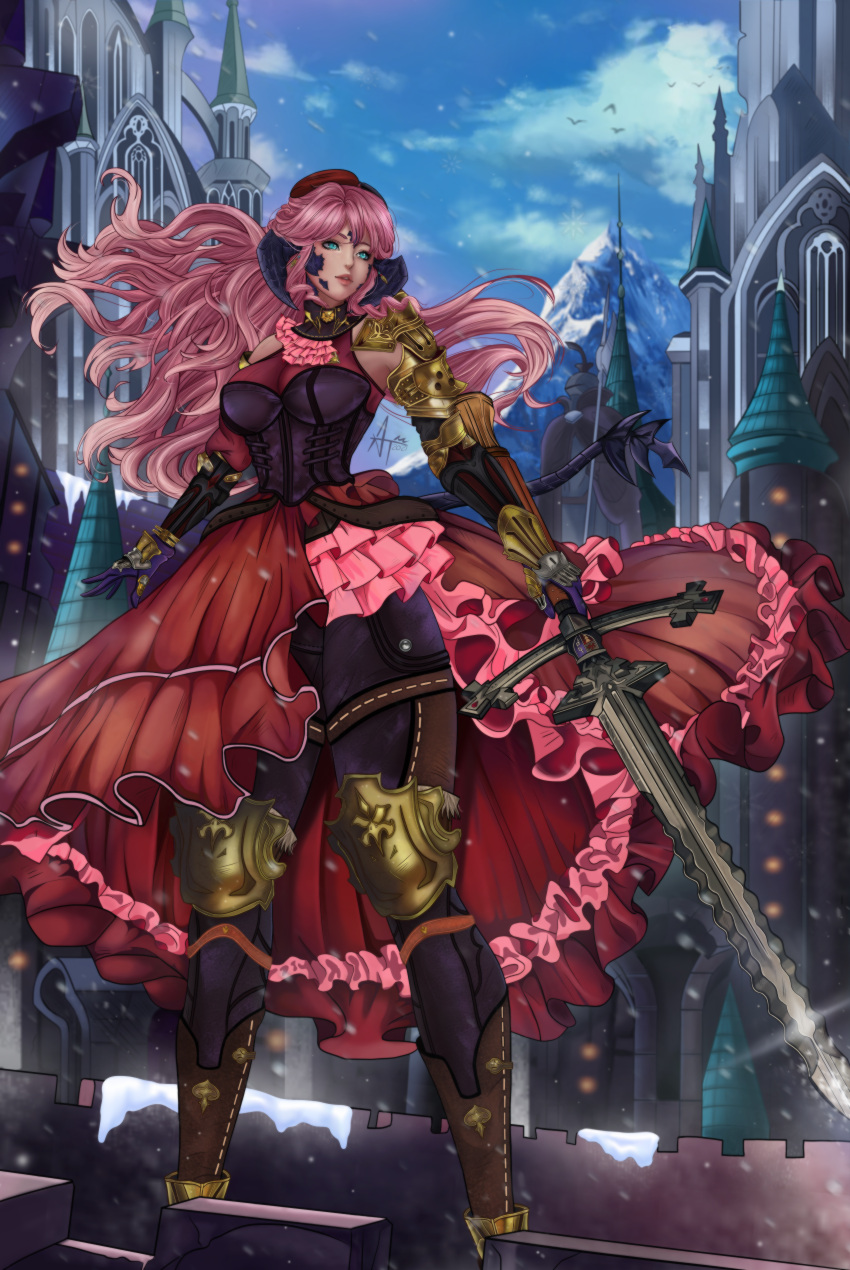 1girl absurdres armor au_ra bad_source corset curly_hair dress final_fantasy final_fantasy_xiv highres horns ishgardian knight long_hair looking_to_the_side paladin_(final_fantasy) pink_hair scales solo sword tail very_long_hair warrior weapon