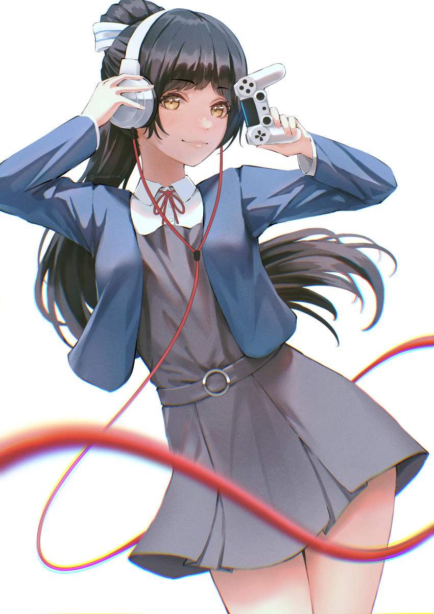 1girl absurdres bangs birthday black_hair cable commentary controller game_controller hazuki_ren headphones high_ponytail highres holding holding_controller holding_game_controller long_hair looking_at_viewer love_live! love_live!_superstar!! notinversion playstation_controller ponytail school_uniform smile solo twitter_username upper_body white_background yuigaoka_school_uniform