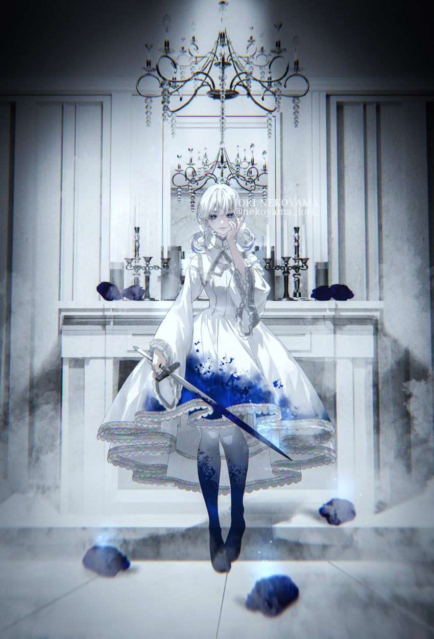1girl absurdres artist_name bangs blue_eyes bow candlestand chandelier collared_dress dress hair_bow hand_on_own_cheek hand_on_own_face highres holding holding_knife indoors knife lace-trimmed_dress lace-trimmed_sleeves lace_trim long_sleeves looking_at_viewer low_twintails mirror nekoyama_iori original pale_skin smile smoke solo twintails two-tone_dress white_hair white_theme wide_sleeves