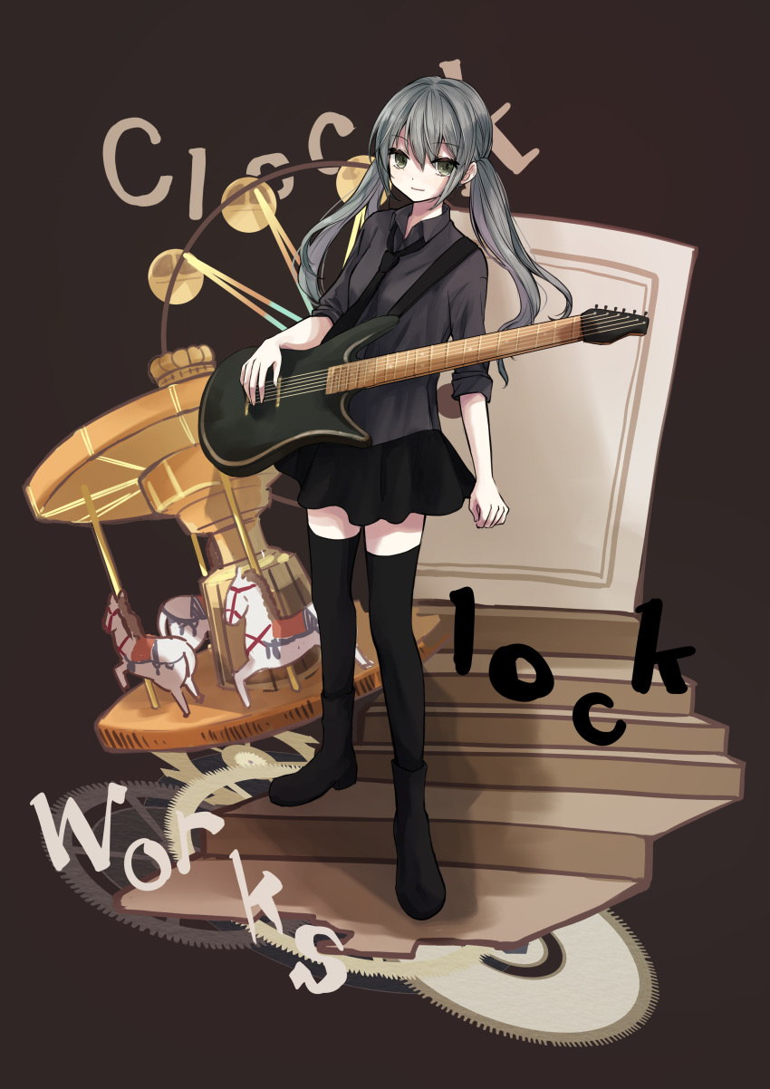 1girl absurdres bangs boots carousel clock_lock_works_(vocaloid) collared_shirt ferris_wheel gears grey_eyes grey_hair guitar hatsune_miku highres instrument long_hair low_twintails nagitofuu necktie on_stairs pleated_skirt shirt skirt sleeves_rolled_up smile solo song_name stairs thigh-highs twintails vocaloid