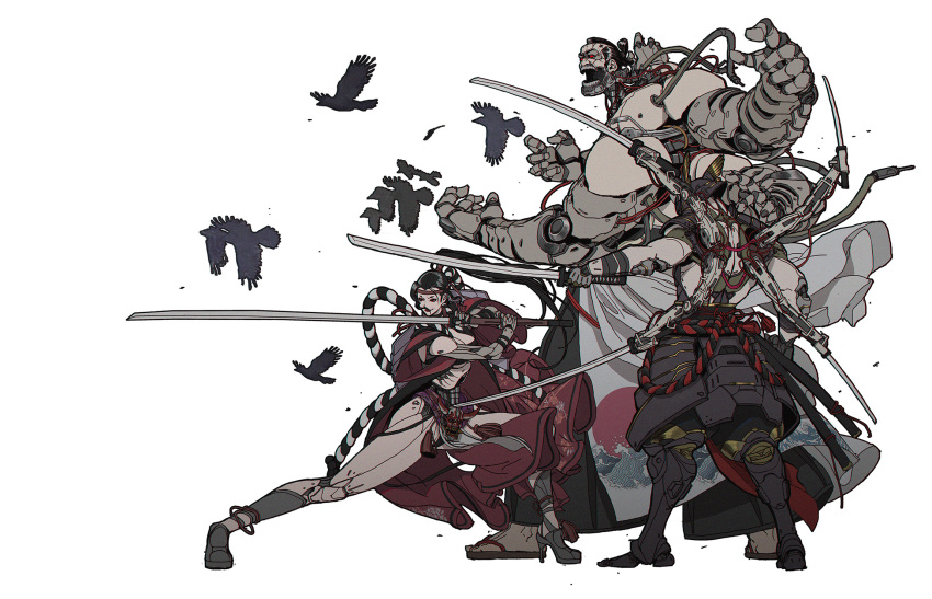 1girl 2boys armor bird black_hair cyborg extra_arms helmet highres holding holding_sword holding_weapon japanese_armor katana kusazuri mechanical_arms mechanical_legs multiple_boys ootachi original red_eyes scabbard sheath standing sword topknot weapon xhr1997919 zouri