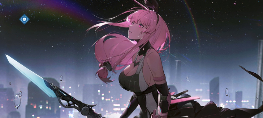 artist_request ayla_(punishing:_gray_raven) bare_shoulders bow cityscape hair_bow highres long_hair looking_up mechanical_arms mechanical_parts night night_sky pink_eyes pink_hair punishing:_gray_raven rabbit_bow railgun rainbow sky star_(sky) starry_sky sweat water_drop