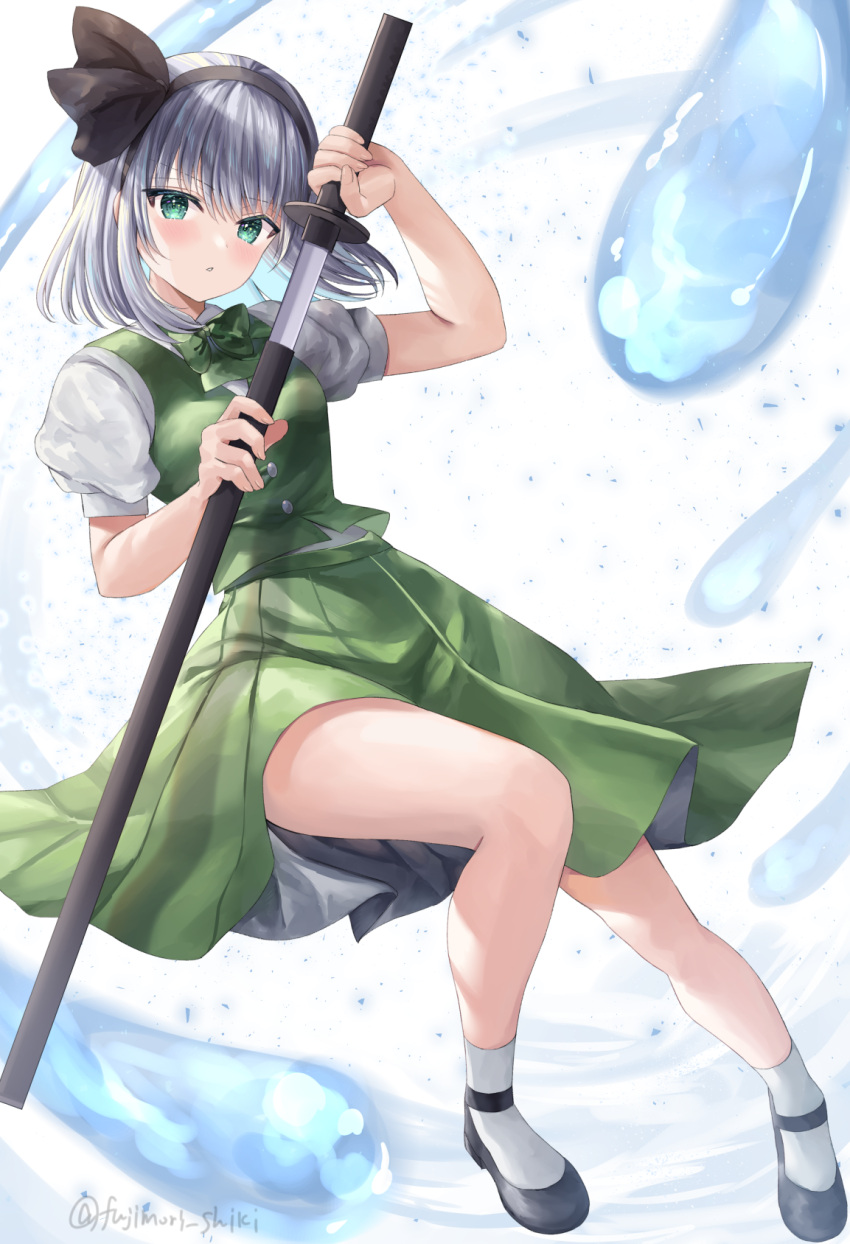 1girl black_footwear bow bowtie dress fujimori_shiki green_bow green_bowtie green_dress green_eyes hairband highres holding holding_sword holding_weapon konpaku_youmu sheath shirt short_hair short_sleeves solo sword thighs touhou twitter_username unsheathing weapon white_background white_footwear white_hair white_shirt