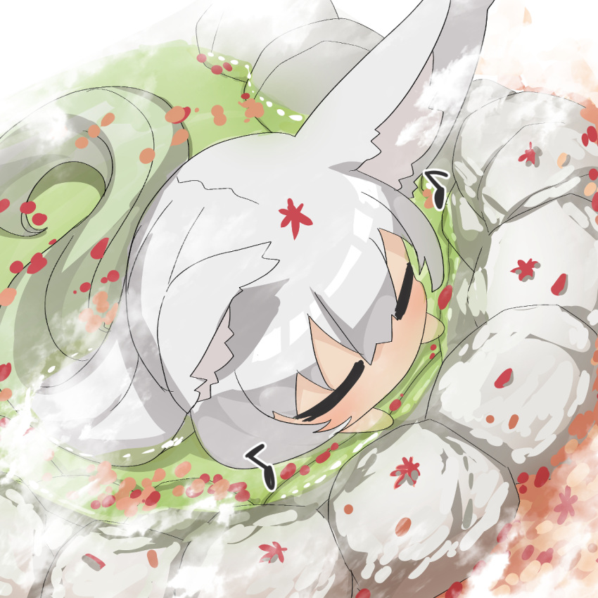 1girl animal_ear_fluff animal_ears autumn_leaves bangs closed_eyes commentary_request eighth_note fox_ears from_above grey_hair hair_between_eyes highres leaf leaf_on_head long_hair maple_leaf musical_note onsen original partially_submerged solo steam very_long_hair water yuuji_(yukimimi)