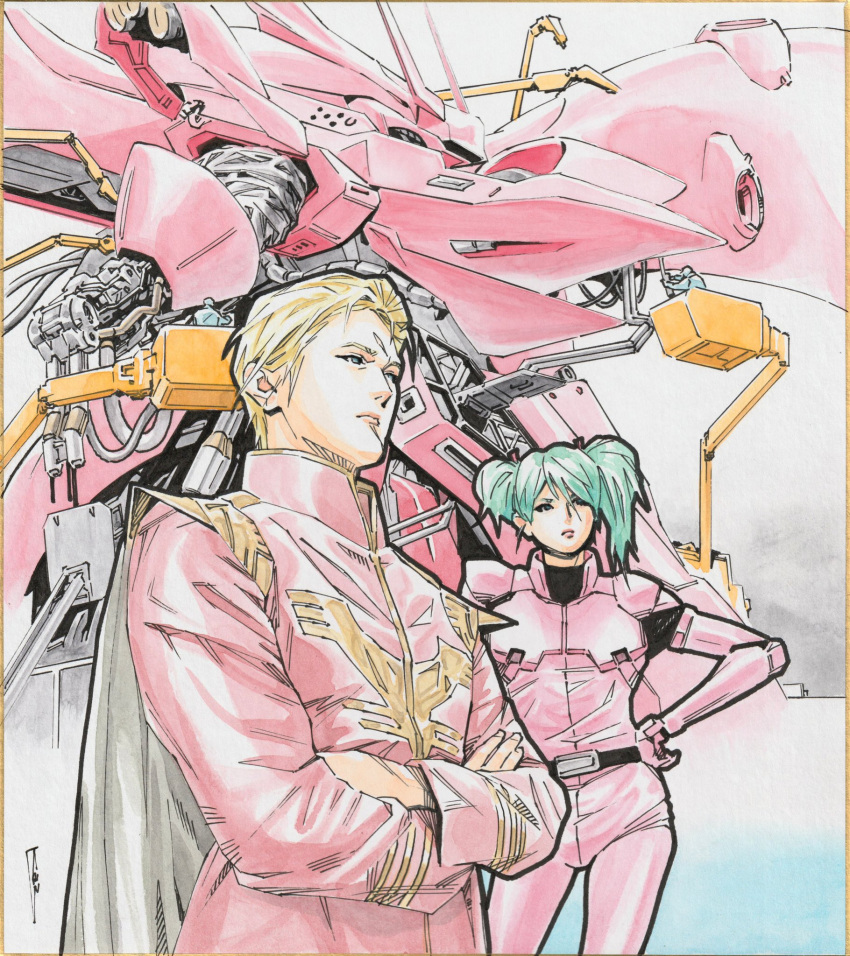 1boy 1girl 2others belt black_belt black_cape blonde_hair blue_eyes blue_hair cable cape char's_counterattack char's_counterattack_-_beltorchika's_children char_aznable crossed_arms frown gundam hair_behind_ear hand_on_hip highres jacket machinery mecha multiple_others nightingale_(gundam) pilot_suit quess_paraya red_jacket robot science_fiction shikishi thrusters toweling3 traditional_media twintails uneven_twintails