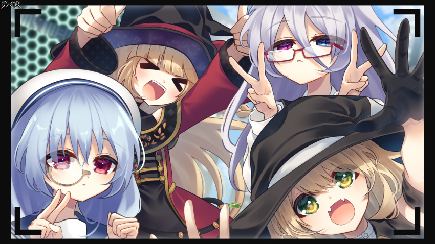 &gt;_&lt; 4girls :d bangs blonde_hair blue_eyes character_request closed_eyes double_thumbs_up double_v dress fangs glasses gloves green_eyes grey_hair hat hat_ribbon heterochromia highres jacket kerberos_blade long_bangs long_sleeves multiple_girls nanahi_tsubaki official_art open_mouth reaching_towards_viewer red-framed_eyewear red_eyes ribbon sailor_collar sailor_hat smile thumbs_up v viewfinder violet_eyes witch_hat