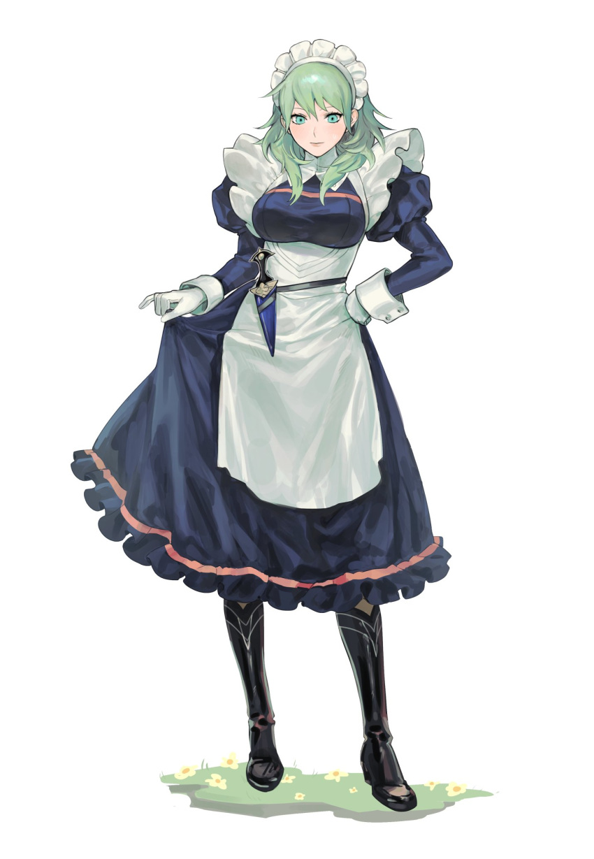 1girl boots breasts byleth_(fire_emblem) byleth_eisner_(female) clothes_lift dagger fire_emblem fire_emblem:_three_houses full_body gloves green_eyes green_hair hair_between_eyes high_heel_boots high_heels highres knife lifted_by_self long_sleeves maid maid_headdress medium_hair neekosiah sheath sheathed simple_background skirt skirt_lift solo standing weapon white_background