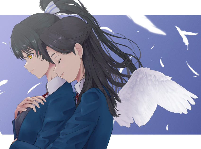 2girls angel_wings bangs birthday black_hair closed_eyes commentary feathers from_side hair_ribbon half_updo hazuki_hana hazuki_ren high_ponytail highres hug hug_from_behind long_hair love_live! love_live!_superstar!! mother_and_daughter multiple_girls ponytail ribbon school_uniform smile time_paradox upper_body white_feathers wings yanase_eiwa yellow_eyes yuigaoka_school_uniform