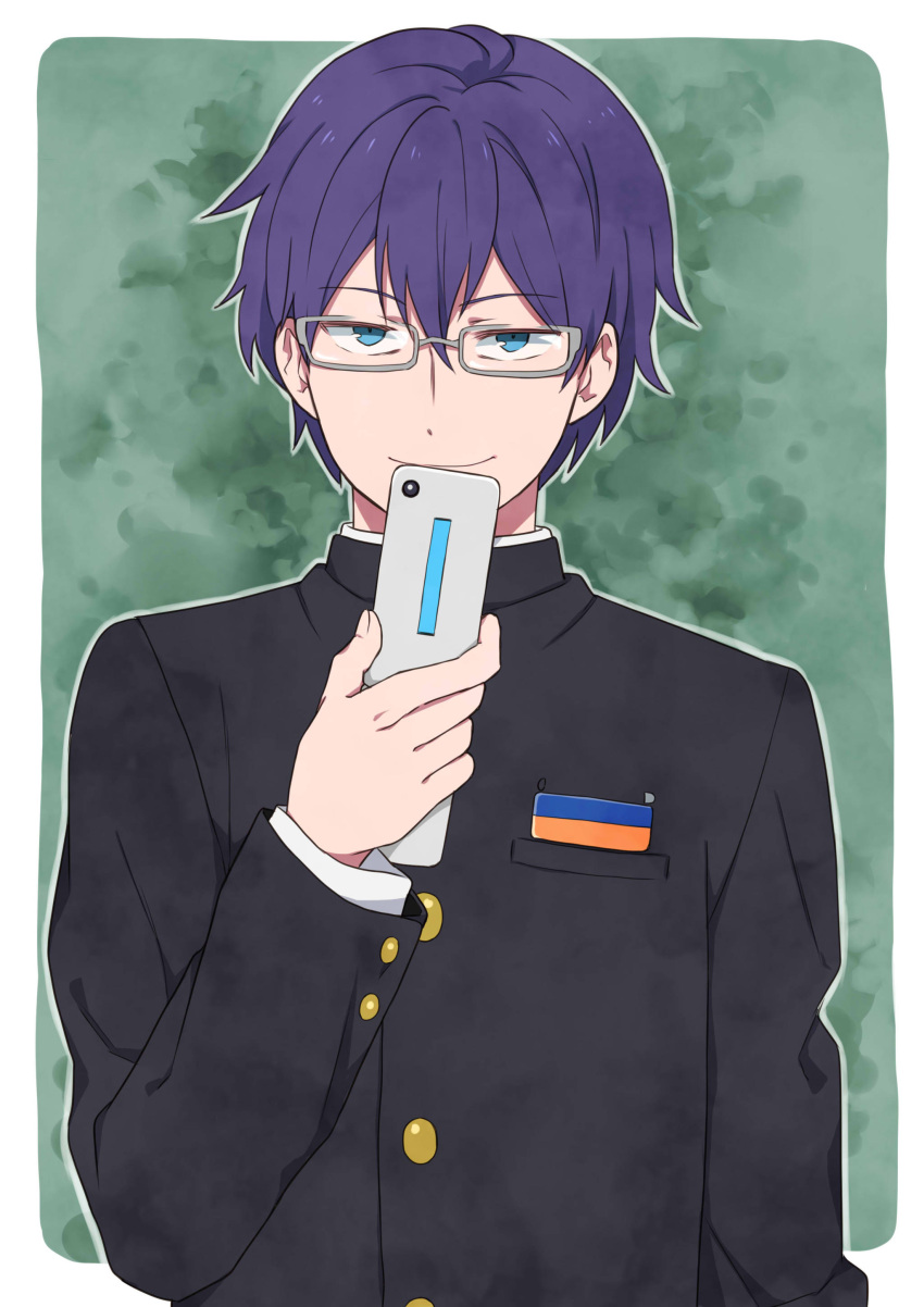 1boy 631 absurdres bangs blue_eyes cellphone corpse_party evil_smile flip_phone gakuran glasses grey-framed_eyewear half-closed_eyes highres holding holding_phone long_sleeves male_focus morishige_sakutarou phone purple_hair school_uniform short_hair smile solo