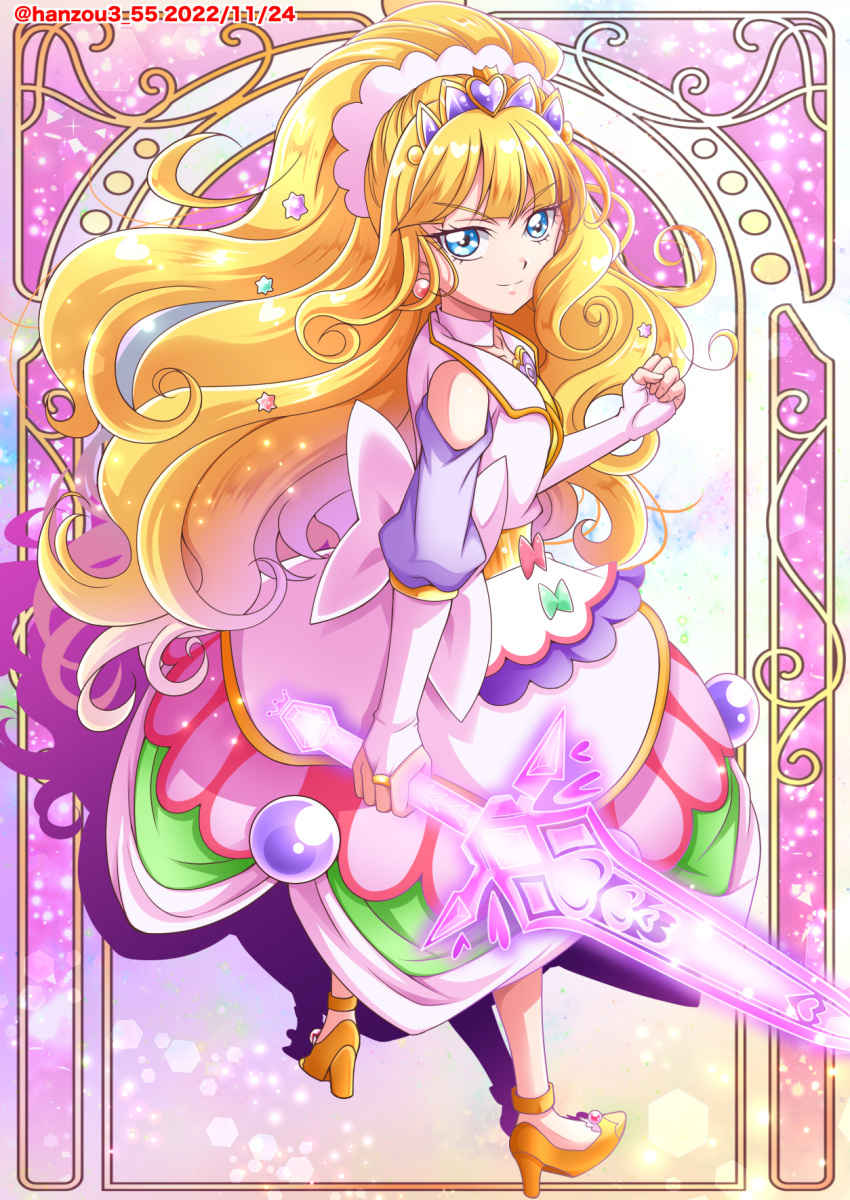 1girl back blonde_hair blue_eyes blush bridal_gauntlets brooch choker cure_finale delicious_party_precure energy_sword frills hair_ornament hanzou high_heels highres jewelry kantai_collection kasai_amane long_hair looking_at_viewer looking_back magical_girl pink_background pink_skirt precure skirt solo standing sword tiara vest weapon yellow_footwear
