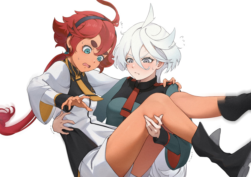 2girls :t absurdres ahoge aqua_eyes asticassia_school_uniform bangs black_footwear black_hairband blush boots carrying commentary_request cowboy_shot grey_eyes grey_hair gundam gundam_suisei_no_majo hair_between_eyes hairband hand_on_another's_shoulder highres long_hair low_ponytail mian_li miorine_rembran multiple_girls necktie princess_carry red_necktie redhead school_uniform shorts suletta_mercury sweat swept_bangs tan thick_eyebrows trembling white_background white_shorts wide_sleeves