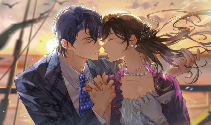 1boy 1girl aria_yin ariayin bangs blue_jacket blue_necktie brown_hair closed_eyes closed_mouth clouds cloudy_sky collared_shirt dress earrings formal gloves highres imminent_kiss jacket jewelry long_hair long_sleeves marius_von_hagen_(tears_of_themis) necklace necktie outdoors purple_dress purple_hair rosa_(tears_of_themis) shirt short_hair single_glove sky sun sunset tears_of_themis white_gloves white_shirt