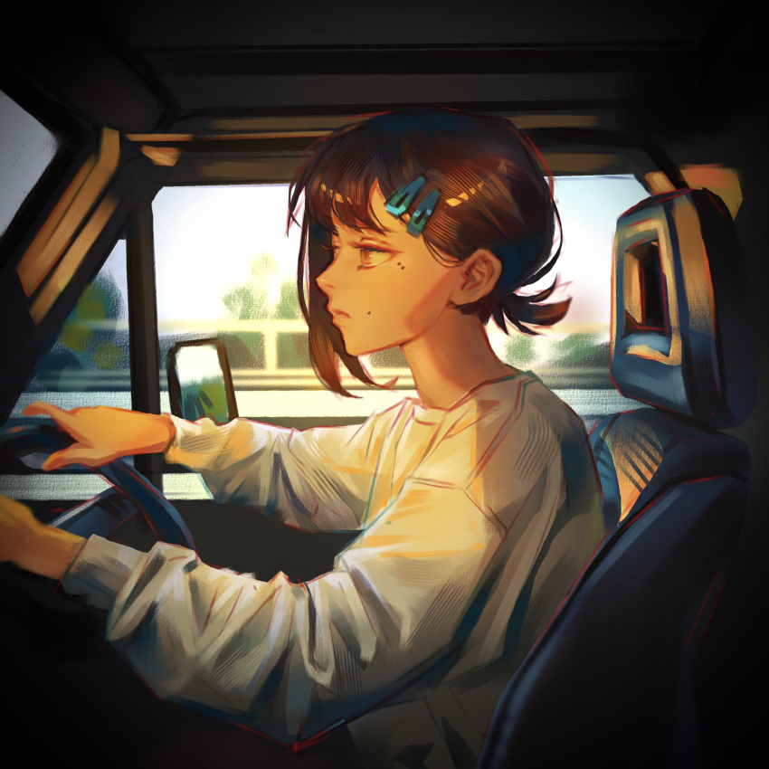 1girl car chainsaw_man commentary driving english_commentary ground_vehicle hair_ornament hairclip higashiyama_kobeni highres kobeni's_car_(chainsaw_man) kozzz_y looking_to_the_side mole mole_under_eye mole_under_mouth motor_vehicle multiple_moles railing road short_hair short_ponytail single_sidelock solo steering_wheel sunlight sweater white_sweater window
