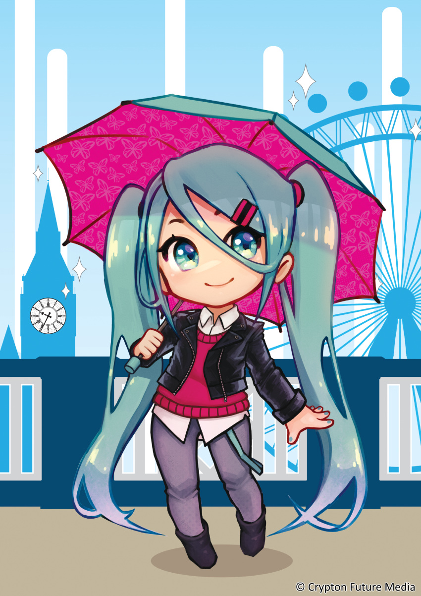 1girl absurdres bangs blue_eyes blue_hair blush boots chibi clock clock_tower collared_shirt cropped_jacket elizabeth_tower ferris_wheel hair_ornament hairclip hatsune_miku hatsune_miku_expo highres holding holding_umbrella irarugii jacket leather leather_jacket london long_hair looking_to_the_side shirt smile solo sparkle sweater tower twintails umbrella very_long_hair vocaloid