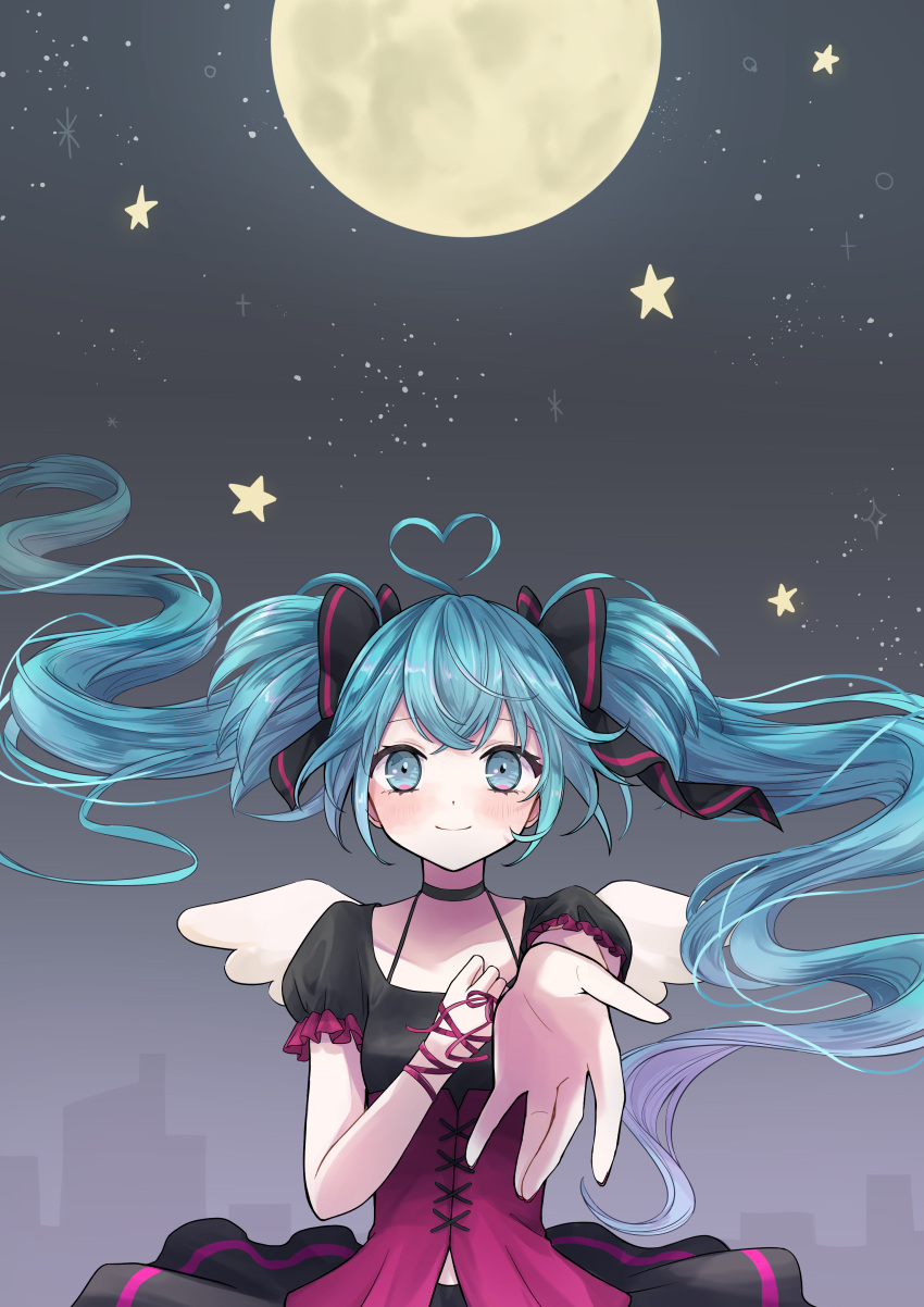 1/6_(vocaloid) 1girl absurdres ahoge arm_ribbon bangs blue_eyes blue_hair blush bow city cross-laced_dress floating_hair foreshortening full_moon hair_bow hair_ornament halterneck hand_on_own_chest hatsune_miku heart heart_ahoge highres long_hair looking_at_viewer moon nagitofuu night night_sky puffy_short_sleeves puffy_sleeves reaching_towards_viewer ribbon short_sleeves sky smile solo star_(sky) starry_sky twintails very_long_hair vocaloid wings