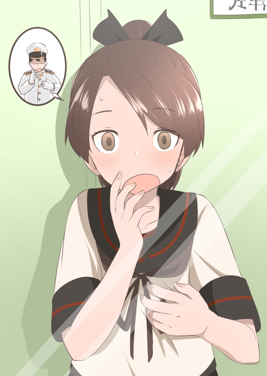 1girl admiral_(kancolle) black_sailor_collar body_switch brown_eyes brown_hair brown_neckerchief commentary_request commission highres inset kantai_collection looking_at_mirror looking_at_viewer mirror neckerchief open_mouth personality_switch ponytail sailor_collar shikinami_(kancolle) shikinami_kai_ni_(kancolle) short_hair skeb_commission solo tiger_(tiger-kimu)