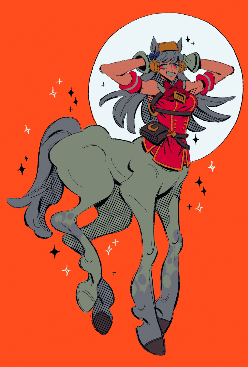 1girl animal_ears armband arms_behind_head arms_up bag bangs bare_shoulders blunt_bangs bow bowtie breasts bridle brown_headwear centaur chest_belt commentary ear_bow full_body gloves gold_ship_(umamusume) grey_hair grin highres horse_ears horse_tail korean_commentary long_hair looking_to_the_side medium_breasts monster_girl monsterification multiple_legs pillbox_hat purple_bow red_background red_bow red_bowtie red_shirt s4mjum shirt sleeveless sleeveless_shirt smile solo standing tail taur teeth umamusume violet_eyes white_gloves