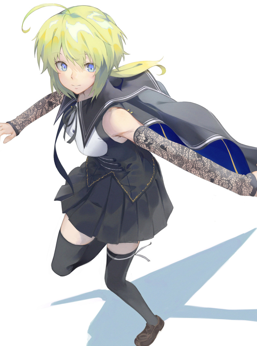 1girl a.k.a.zkin absurdres ahoge amano_soraha assault_lily bangs bare_shoulders black_cape black_ribbon black_skirt black_thighhighs blonde_hair blue_cape blue_eyes breasts brown_footwear buttons cape closed_mouth commentary_request detached_sleeves from_above hair_between_eyes hands_up highres lace_sleeves leg_ribbon leg_up loafers long_hair long_sleeves looking_at_viewer low_ponytail medium_breasts miniskirt neck_ribbon outstretched_arm pleated_skirt ponytail ribbon school_uniform shadow shirt shoes simple_background skirt sleeveless sleeveless_shirt sleeves_past_wrists solo standing standing_on_one_leg suspenders thigh-highs thigh_ribbon two-sided_cape two-sided_fabric underbust white_background white_ribbon white_shirt yurigaoka_girls_academy_school_uniform zettai_ryouiki