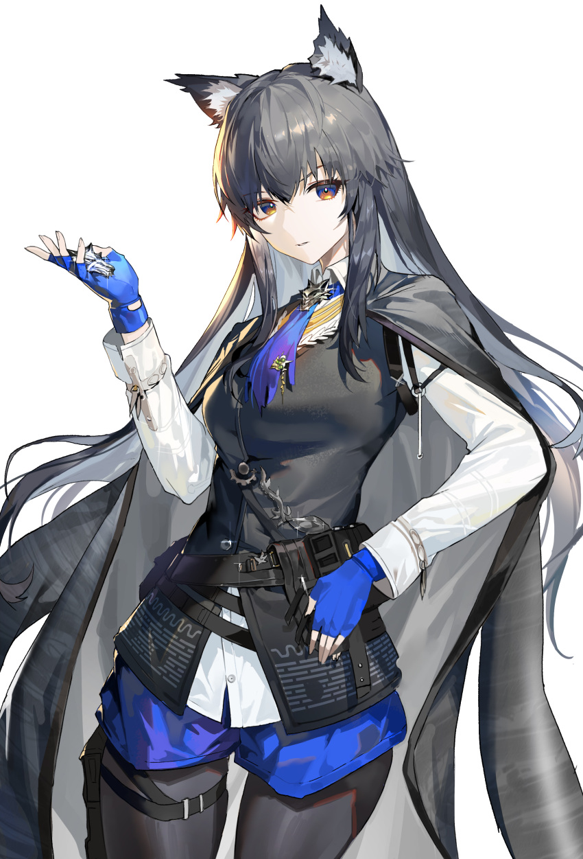 1girl absurdres animal_ear_fluff animal_ears arknights bangs belt belt_pouch bijian_de_linghun black_cape black_hair black_vest blue_gloves blue_necktie blue_shorts cape collared_shirt cowboy_shot fingerless_gloves gloves highres holding long_hair long_sleeves looking_at_viewer necktie pantyhose_under_shorts parted_lips pouch red_eyes shirt short_shorts shorts sidelocks simple_background solo texas_(arknights) thigh_strap very_long_hair vest white_background white_shirt wolf_ears