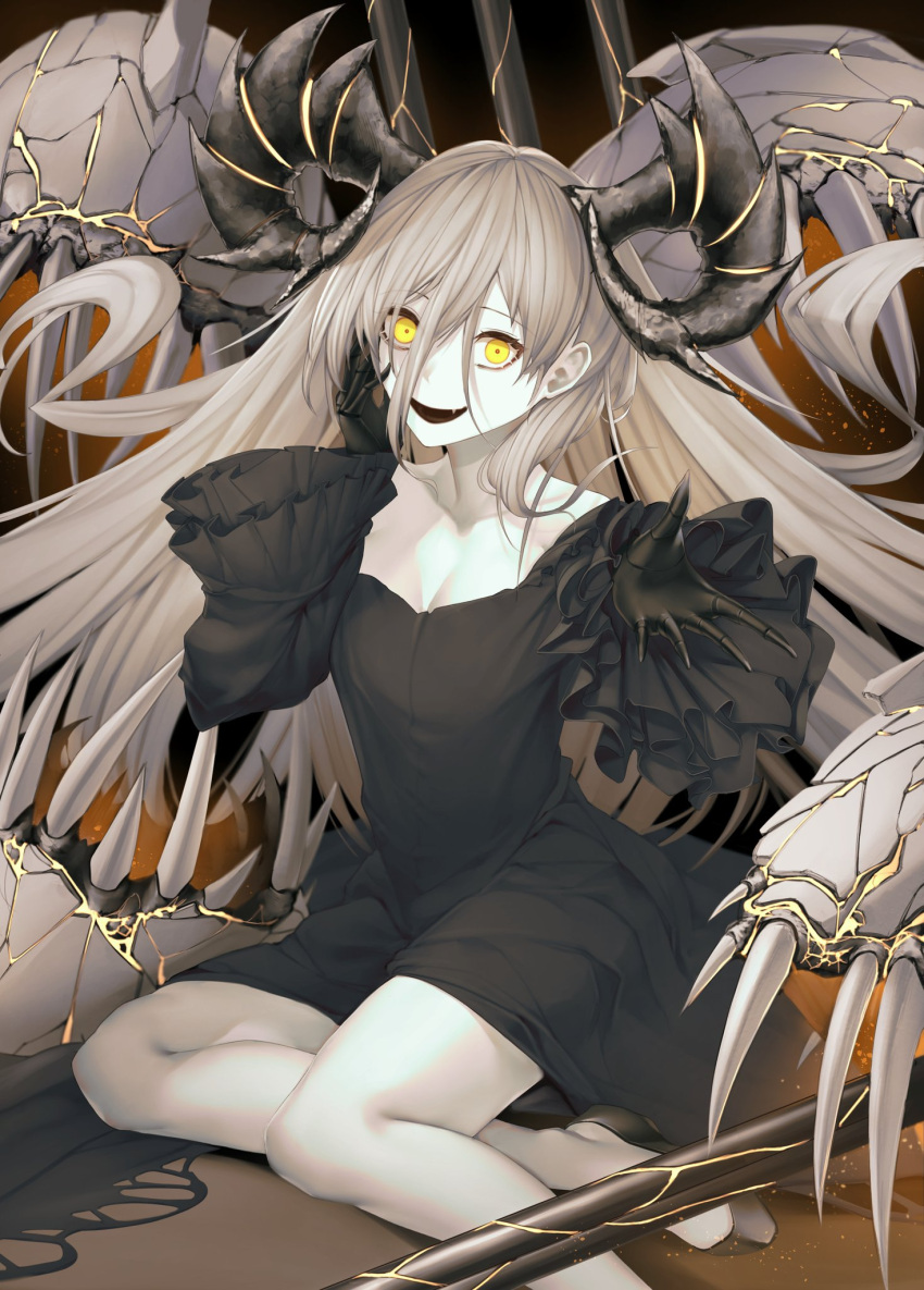 1girl abyssal_ship black_dress commission crazy_eyes crazy_smile dress hand_on_own_face highres horns kantai_collection long_hair long_sleeves looking_at_viewer mediterranean_dreadnought_water_princess mokuren_(mozukukirai88) open_mouth pale_skin smile solo white_hair yellow_eyes