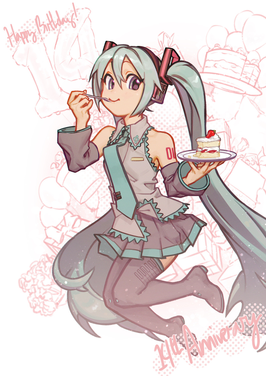 1girl absurdres anniversary balloon bangs blue_hair boots brown_eyes cake cake_slice detached_sleeves food fork fruit hair_ornament happy_birthday hatsune_miku headphones highres holding holding_food holding_fork holding_tray irarugii jumping long_hair long_sleeves necktie pleated_skirt shirt skirt sleeveless sleeveless_shirt smile solo strawberry strawberry_shortcake thigh_boots tray twintails utensil_in_mouth very_long_hair vocaloid