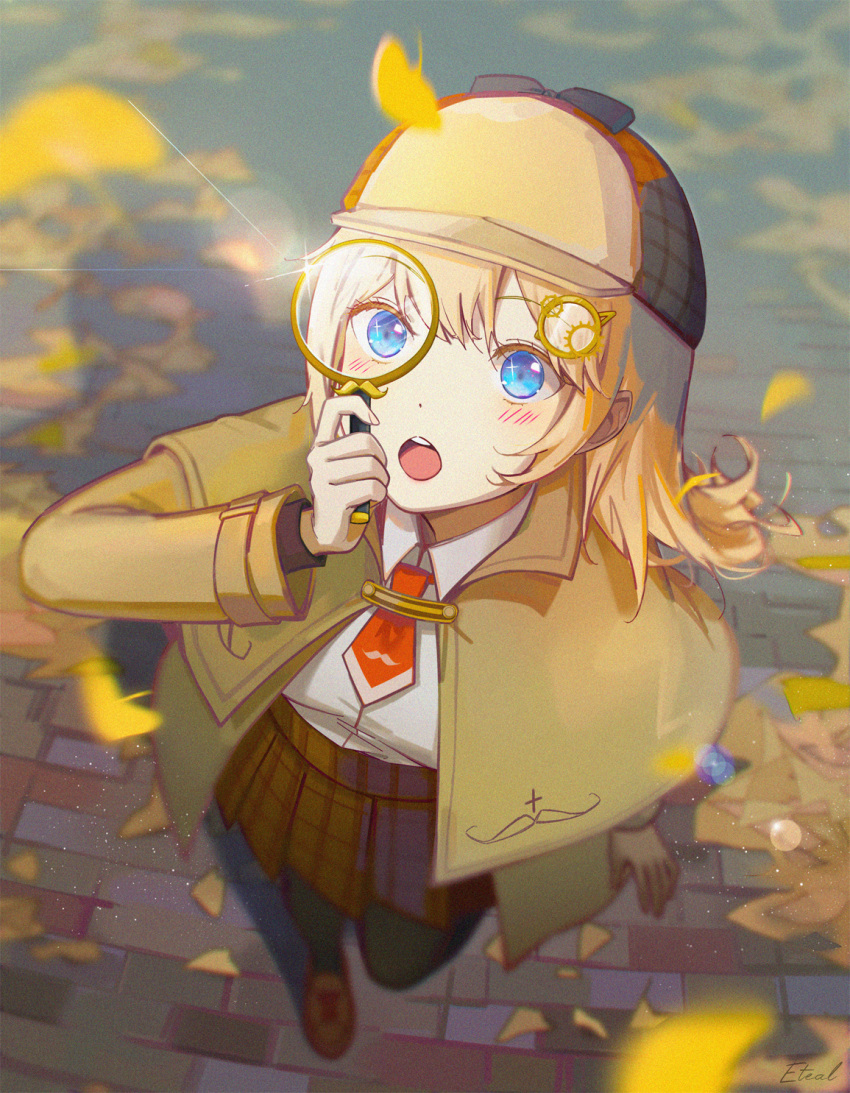 1girl bangs black_thighhighs blonde_hair blue_eyes blurry blush breasts brown_skirt capelet collared_shirt commentary detective english_commentary facing_viewer falling_leaves full_body ginkgo hair_ornament hat high-waist_skirt highres holding holding_magnifying_glass hololive hololive_english holomyth leaf loafers long_hair long_sleeves looking_up magnifying_glass monocle_hair_ornament neckerchief necktie open_mouth plaid plaid_skirt rainry red_neckerchief shirt shoes skirt solo standing swept_bangs teeth thigh-highs tongue virtual_youtuber watson_amelia white_shirt