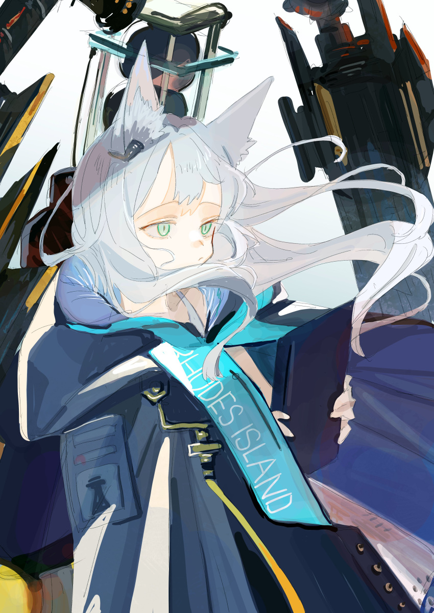 1girl aaoshigatoutoi absurdres animal_ear_fluff animal_ears arknights bangs black_jacket cat_ears closed_mouth dress floating_hair gradient gradient_background green_eyes grey_background grey_hair highres holding jacket long_hair looking_away open_clothes open_jacket rosmontis_(arknights) sleeveless sleeveless_dress solo white_background white_dress