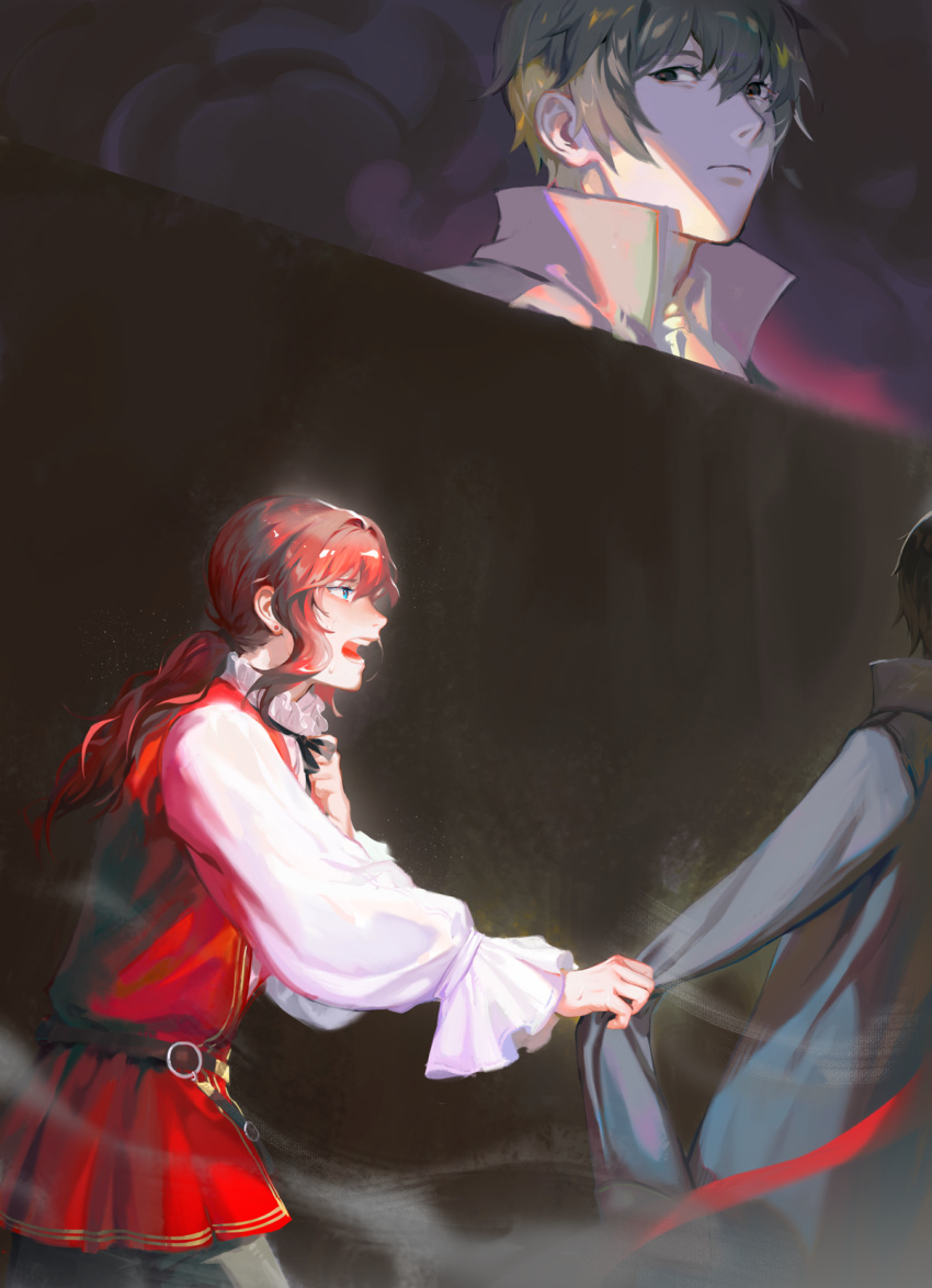 2boys abstract_background black_hair black_necktie blood_emperor blue_eyes brown_eyes dark fog hand_on_own_chest highres holding_another's_arm klein_moretti looking_at_another looking_away lord_of_the_mysteries multiple_boys necktie open_mouth ponytail red_vest redhead reneelric shaded_face shirt short_hair teeth vest white_shirt