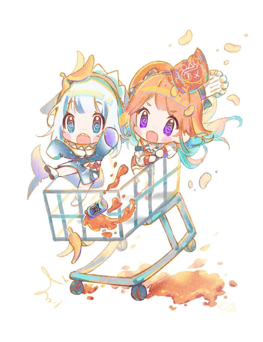 2girls absurdres banana_peel blue_eyes blue_hoodie can chef_hat chibi chips_(food) feathers fish_tail food food_on_body food_on_face food_on_head gawr_gura hat highres hololive hololive_english holomyth hood hoodie modoki_kuma multiple_girls object_on_head open_mouth orange_hair potato_chips shark_tail sharp_teeth shopping_cart soda soda_can tail takanashi_kiara teeth violet_eyes white_background yuri