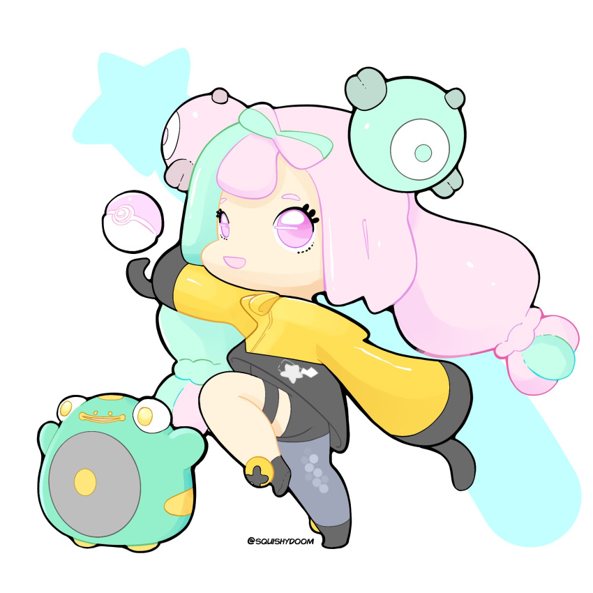 bellibolt chibi coat hair_ornament halterneck highres iono_(pokemon) long_hair long_sleeves magnemite open_mouth outline pantyhose pink_hair pokemon pokemon_(game) pokemon_sv sleeves_past_fingers sleeves_past_wrists twintails