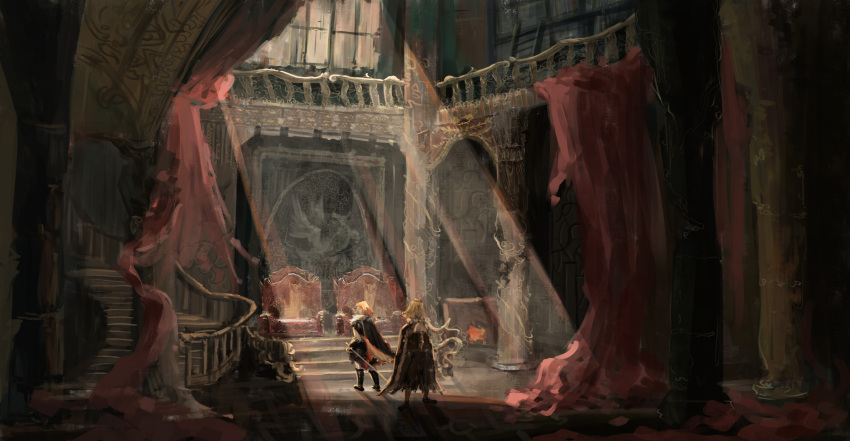 2boys bangs blonde_hair blood_emperor boots brown_hair cape chinese_commentary commentary_request crown curtains fire fireplace highres indoors lord_of_the_mysteries medium_hair multiple_boys mural pillar sheath sheathed stairs sunlight sword throne trunsoest_(lord_of_the_mysteries) weapon window xiyinguqiang