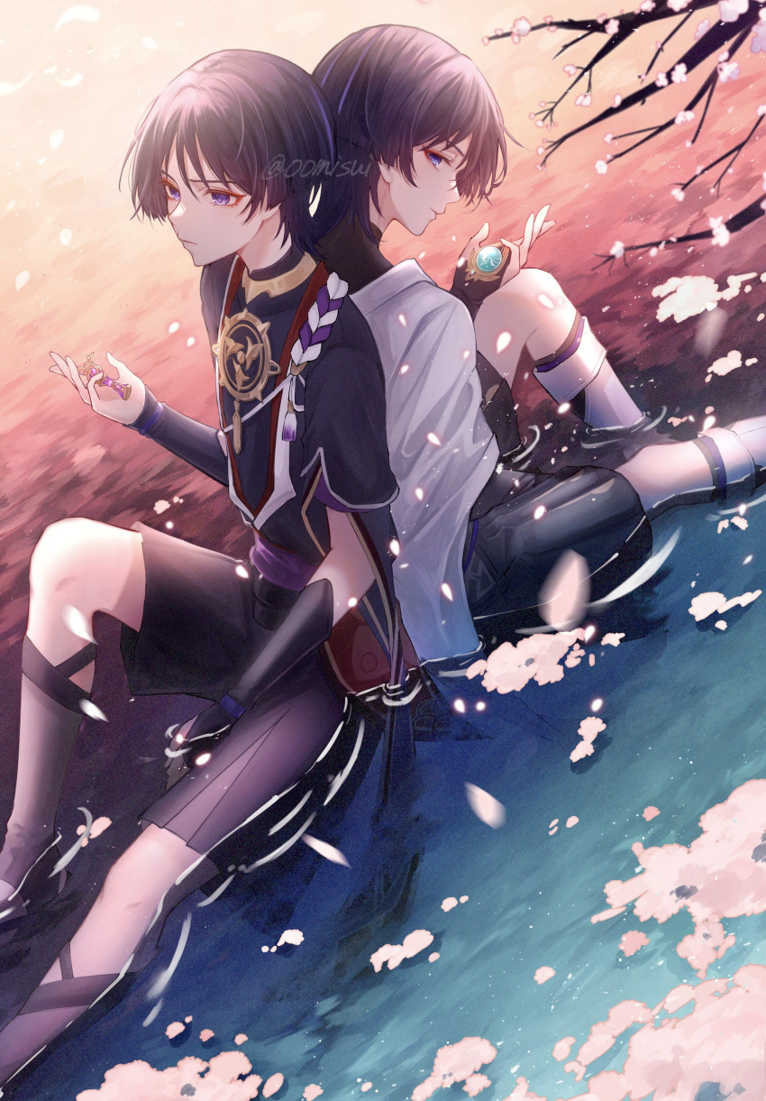 2boys absurdres arm_armor artist_name back back-to-back bangs bare_shoulders belt black_footwear black_hair black_shirt black_shorts blue_gemstone blunt_ends branch cherry_blossoms closed_mouth dual_persona flower from_behind gem genshin_impact gold grey_socks grey_vest hair_between_eyes hand_up highres jewelry looking_at_another looking_back looking_to_the_side mandarin_collar mitsudomoe_(shape) multicolored_hair multiple_boys necklace no_headwear official_alternate_costume oomisou open_clothes open_vest petals pink_flower pom_pom_(clothes) purple_belt purple_hair purple_socks reflection sandals scaramouche_(genshin_impact) shirt short_hair short_sleeves shorts sitting sleeveless sleeveless_shirt smile socks tomoe_(symbol) tree two-tone_hair vest vision_(genshin_impact) wanderer_(genshin_impact) water