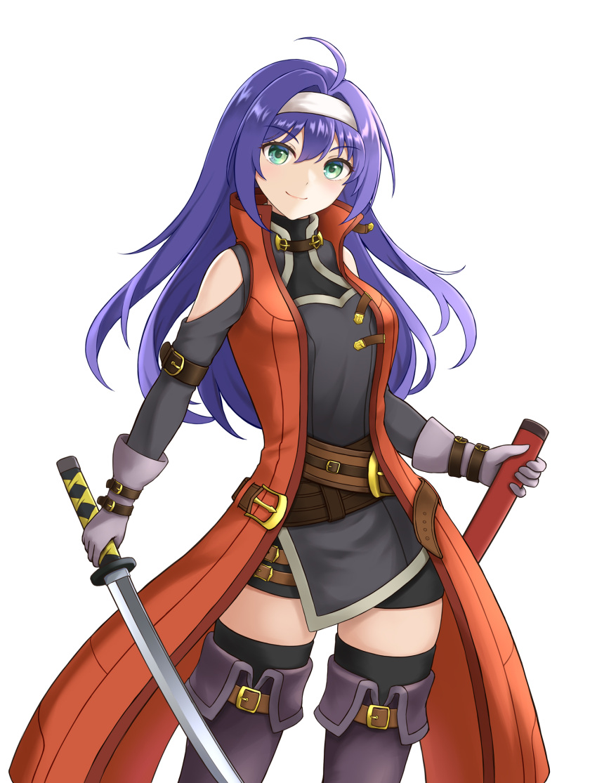 1girl ahoge bare_shoulders black_thighhighs blue_hair boots coat cowboy_shot detached_sleeves fire_emblem fire_emblem:_radiant_dawn gloves green_eyes grey_gloves hairband highres holding holding_sheath holding_sword holding_weapon looking_at_viewer mia_(fire_emblem) official_alternate_costume sheath simple_background smile solo sword takaneko thigh-highs thigh_boots unsheathed weapon white_background white_hairband zettai_ryouiki