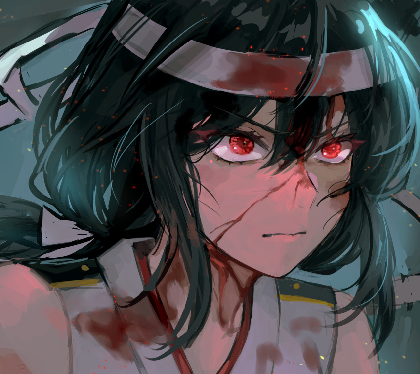 1girl black_hair blood blood_on_face closed_mouth epaulettes hagioshi hair_ribbon headband headgear highres kantai_collection medium_hair red_eyes ribbon solo upper_body white_headband yamashiro_(kancolle)