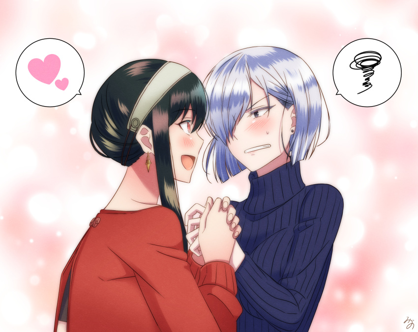 2girls annoyed bangs blush dress earrings embarrassed fiona_frost gold_earrings hairband heart highres holding_hands jewelry looking_at_another mizuno_12 multiple_girls off-shoulder_sweater off_shoulder open_mouth red_sweater short_hair_with_long_locks smile speech_bubble spoken_heart spoken_squiggle spy_x_family squiggle sweatdrop sweater sweater_dress two-sided_fabric white_hairband yor_briar yuri