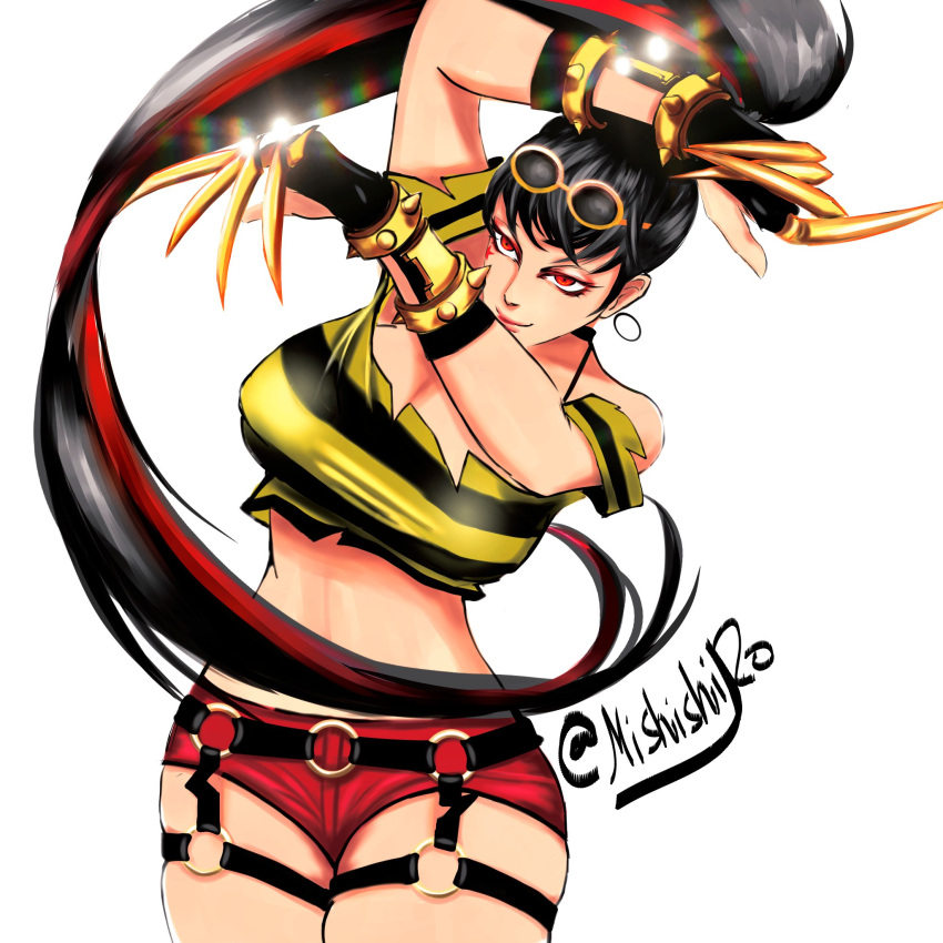1girl belt black_hair choi_bounge claws genderswap highres long_hair mishishiro prison_clothes red_eyes signature the_king_of_fighters the_king_of_fighters_all-stars