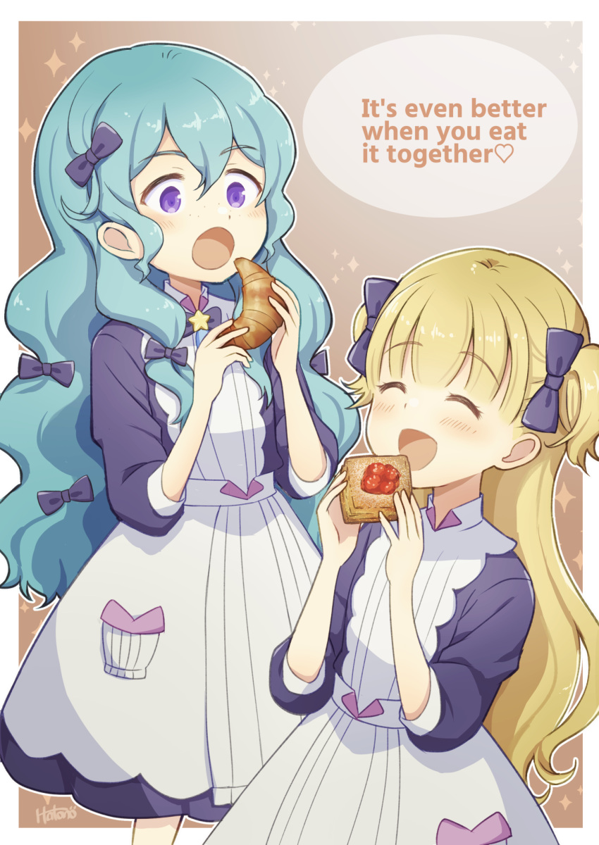 2girls apron bangs barbie_(shadows_house) blonde_hair blue_bow blue_dress blue_hair blunt_bangs blush bow closed_eyes croissant dress eating emilico_(shadows_house) food hair_between_eyes hair_bow hair_ornament hato_no12 highres holding holding_food long_hair multiple_girls open_mouth pocket shadows_house toast two_side_up violet_eyes white_apron