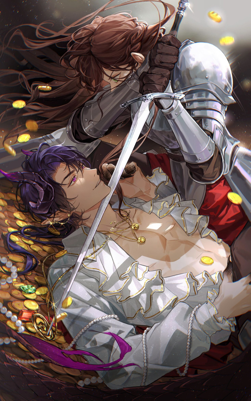 1boy 1girl :d aria_yin ariayin armor bangs brown_hair demon_boy demon_horns earrings full_armor gauntlets gold green_eyes grin highres holding holding_sword holding_weapon horns jewelry knight long_hair long_sleeves looking_at_another marius_von_hagen_(tears_of_themis) muscular muscular_male necklace no_headwear open_clothes open_mouth open_shirt pauldrons pointy_ears purple_hair rosa_(tears_of_themis) shirt shoulder_armor smile sword tears_of_themis violet_eyes weapon white_shirt