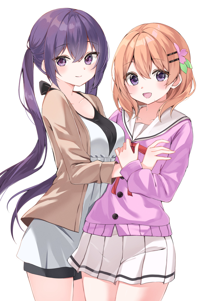 2girls :d absurdres bangs black_shorts blush breasts brown_hair brown_jacket closed_mouth collarbone cowboy_shot flower gochuumon_wa_usagi_desu_ka? hair_between_eyes hair_flower hair_ornament high-waist_skirt highres hoto_cocoa hoto_cocoa's_school_uniform jacket long_hair long_sleeves looking_at_viewer medium_breasts miniskirt multiple_girls open_clothes open_jacket open_mouth pink_flower pink_sweater pleated_skirt purple_hair red_ribbon ribbon sailor_collar school_uniform shiny shiny_hair short_shorts shorts shorts_under_skirt simple_background skirt smile standing sweater tawai tedeza_rize twintails very_long_hair violet_eyes white_background white_sailor_collar white_skirt